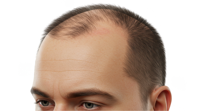 Realistic 3D Render of Man Head with Sparse Hair on Transparent Background