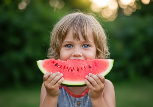 Adorable child with blonde hair and blue eyes eating a watermelon slice with a big smile.