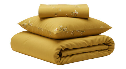 Isolated Yellow Linen Fabric Stack with Floral Pattern on Transparent Background