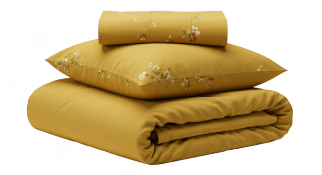 Isolated Yellow Linen Fabric Stack with Floral Pattern on Transparent Background