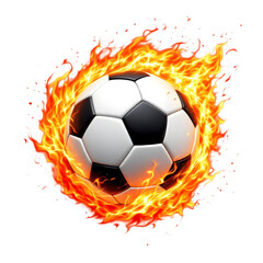 A soccer ball engulfed in flames with a black background creating a fiery effect