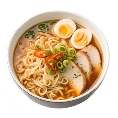 Top view bowl of ramen isolated on white background or transparent background. Cutout. PNG