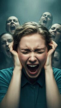 Woman Screaming with Multiple Faces in Dark Background
