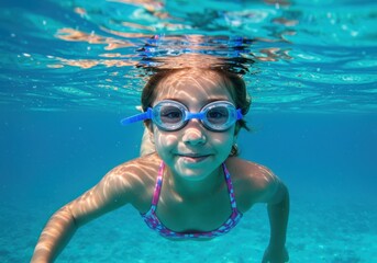 A young girl enjoys a swim underwater wearing blue goggles, smiling happily
