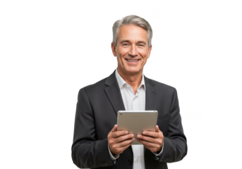 Man Holding Digital Tablet Portrait in Suit Technology Isolated PNG