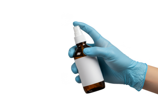 Medical Spray Bottle Held With Blue Glove On Transparent Background