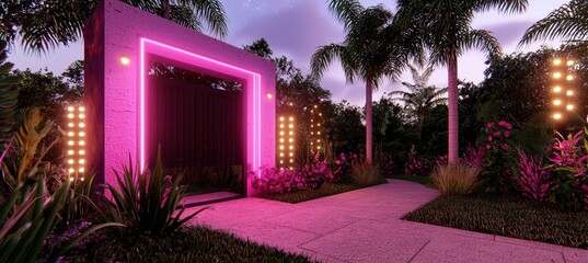 A modern, neon-lit entrance surrounded by palm trees and lush tropical plants under a twilight sky.