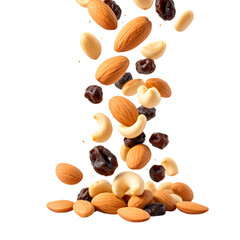Assortment of almonds cashews and raisins falling against a black background studio shot