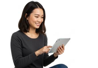 Photo of Smiling Asian Woman Using Digital Tablet on Transparent