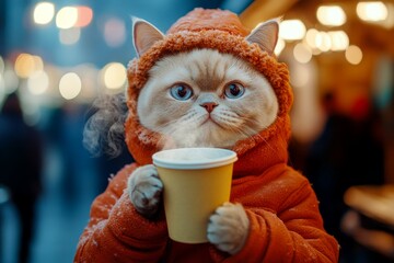 Problem of animal suffering. Social digital ads - animal care. Sad cute adult cat burmese in winter warm clothes, holding hot beverage with rising steam in paws. Cold weather pets.