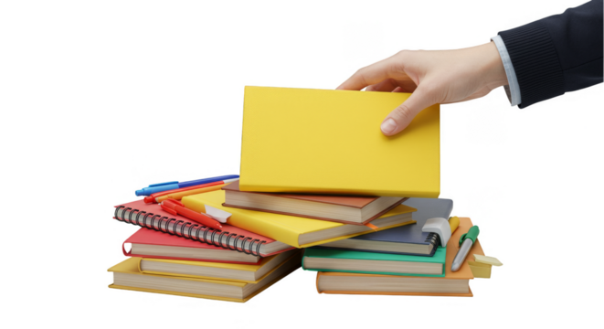 Pile of Yellow Books Stack with Hand Choosing One Isolated Illustration