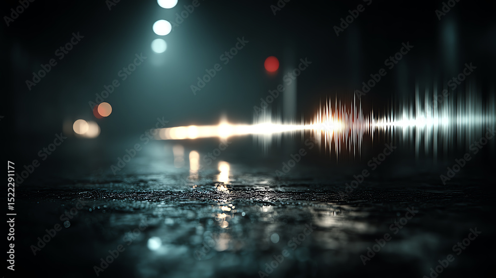 Poster a close-up shot capturing sound waves reflected on a wet urban street at night, with colorful bokeh 