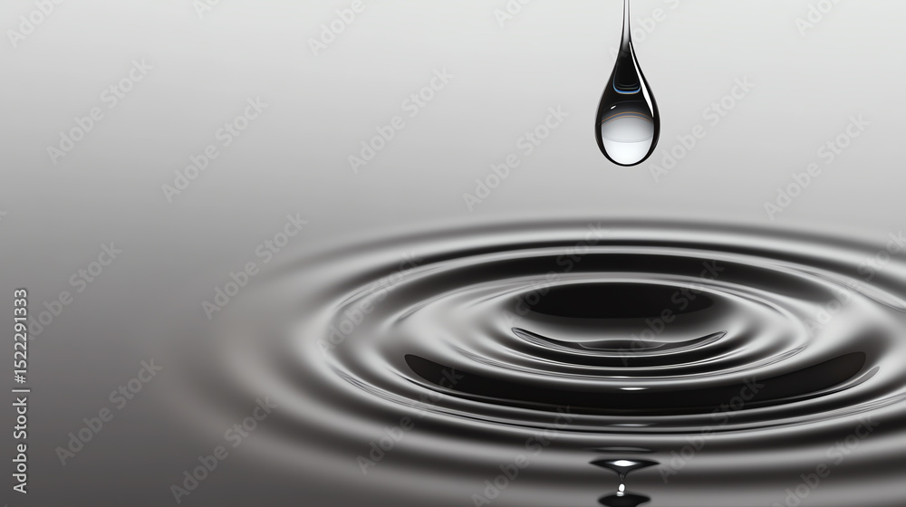 Poster A close-up view of a water droplet creating ripples on a calm surface, reflecting tranquility and nature's beauty.