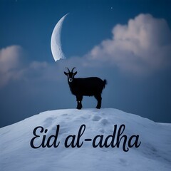 Eid al-Adha Silhouette Design of Goat on Hill with Modern Calligraphy Text

