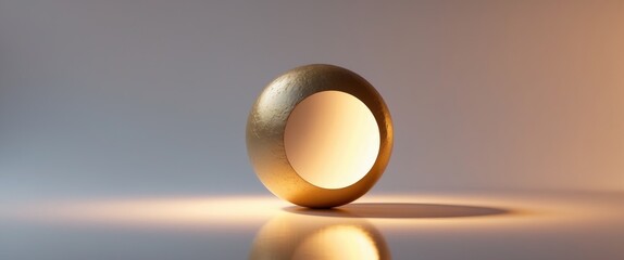 Golden Orb with Luminous Portal, Abstract Sphere on Reflective Surface, Modern Art.