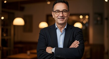 Fototapeta premium A confident businessman with a warm smile stands confidently, with crossed arms, embodying success and leadership. The image is set within a modern office.