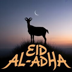 Eid al-Adha Silhouette Design of Goat on Hill with Modern Calligraphy Text

