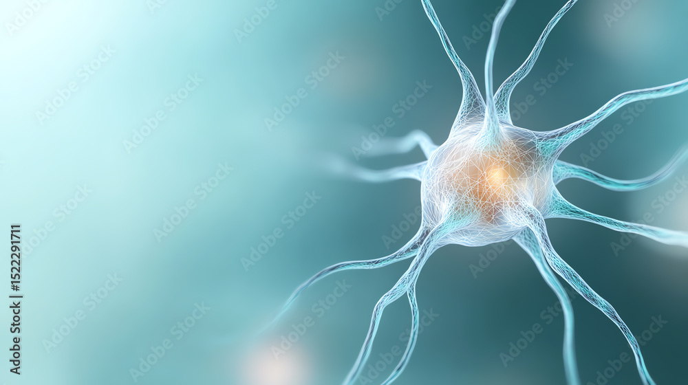 Poster a detailed view of a neuron, showcasing its structure and intricate connections. ideal for education