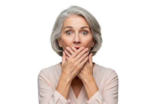 Portrait of a Surprised Elderly Woman Covering Mouth in Transparent Background