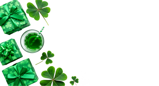 St Patrick's Day Green Gifts And Clovers on Transparent Background