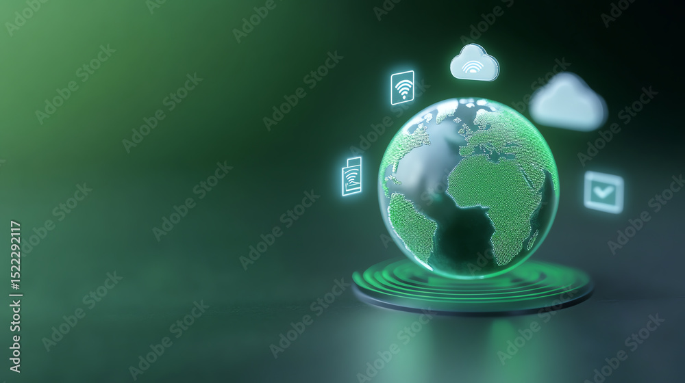 Poster A futuristic globe with icons representing cloud computing and connectivity, symbolizing modern technology and global communication.