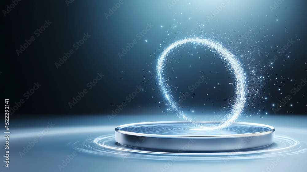 Fototapete A futuristic holographic display with sparkling particles creating a circular effect on a sleek surface.