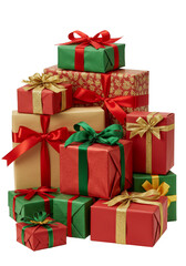 Stacked Christmas Gifts Wrapped with Green Red Gold Ribbons PNG
