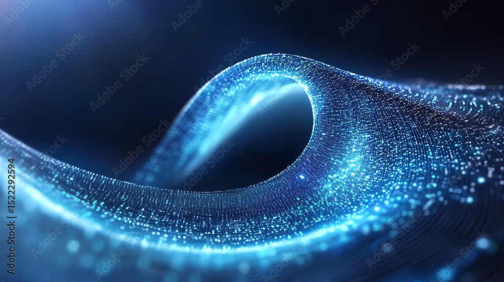 Poster A mesmerizing digital wave of blue dots creating a sense of movement and depth, perfect for abstract backgrounds in tech designs.