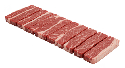 Isolated Close-up Red Marbled Fresh Raw Beef Meat Strips on Background