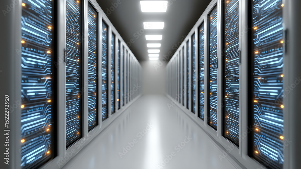 Aufkleber A modern data center with rows of server racks and illuminated circuit panels, showcasing advanced technology and infrastructure.