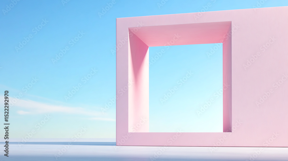 Poster A modern pink architectural structure with a square window against a clear blue sky, showcasing minimalistic design and color.