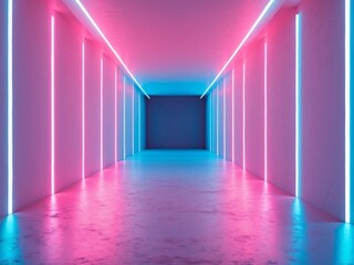 Fototapeta premium Neon Lit Hallway with Pink and Blue Hues, Modern Architectural Design Futuristic Ambience