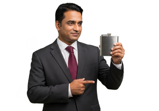 Transparent Image of Businessman Holding Silver Flask Pointing Finger