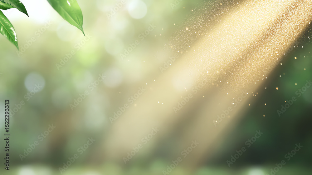 Poster A serene forest scene featuring soft sunlight filtering through leaves, creating a tranquil atmosphere filled with natural beauty.