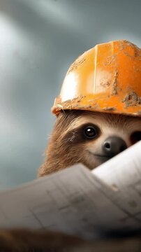 Sloth wearing orange construction helmet studies blueprint with focus animal safety, dirt, engineering, and mammal project planning cute worker occ ational site demonstrates professional