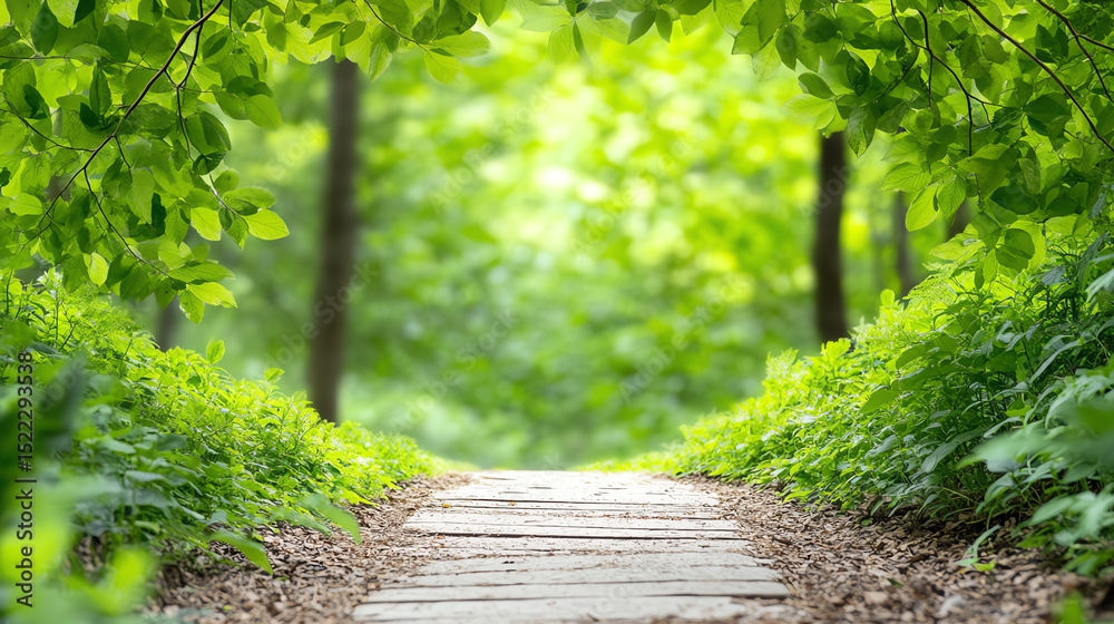 Aufkleber a serene pathway surrounded by lush green foliage, inviting exploration and connection with nature's
