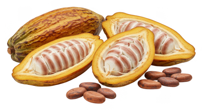Isolated Cocoa Bean Fruit Open to Reveal the Beans on Transparent Background