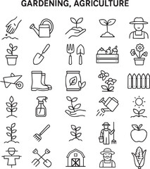 Gardening, Agriculture line icon set. Vector pictograms of grow your own food, watering can, greenhouse, seedling, sprout, farmer, pollination, fertilizer thin linear illustration