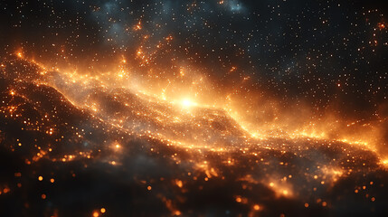 A stunning cosmic scene showcasing vibrant orange and gold hues swirling in the depths of space, depicting the phenomenon of a galaxy.