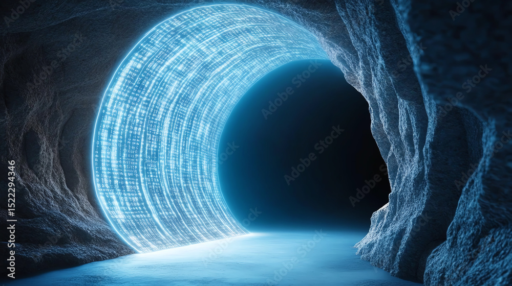 Poster a stunning representation of a glowing digital tunnel, symbolizing the intersection of nature and te