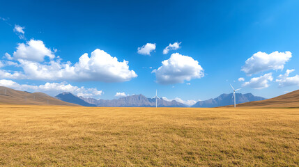 Obraz premium A stunning landscape featuring golden grasslands, majestic mountains, and bright blue skies adorned with fluffy clouds.