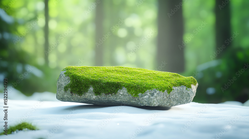 Poster a tranquil forest scene showcasing a moss-covered stone surrounded by lush greenery and soft, dapple