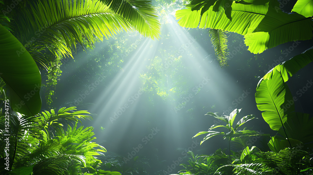 Poster a tranquil scene of sunlight streaming through lush tropical foliage, creating a serene atmosphere i