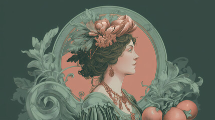 heritage branding design | goddess archetypes | timeless sensuality | muted jade and coral | circular framing | mythical jewelry | botanical ornamentation | ornamental curves | theatrical promotion |