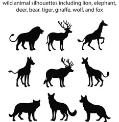 wild animal silhouettes including lion, elephant, deer, bear, tiger, giraffe, wolf, and fox