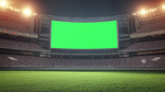 A large green screen scoreboard LED in stands of a crowded soccer arena stadium with light flashes for advertisement seamless looping animation background