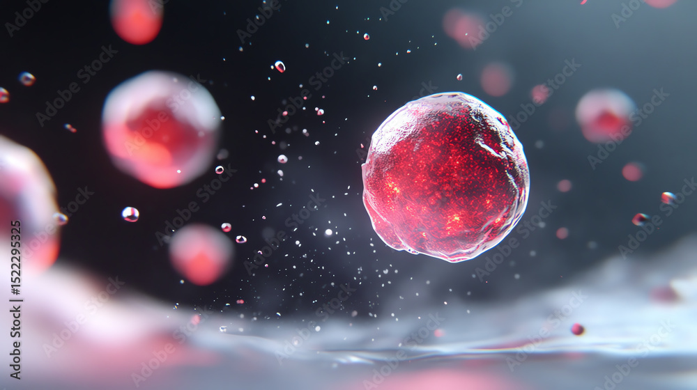 Poster abstract representation of biological cells with vibrant colors and intricate details, showcasing th
