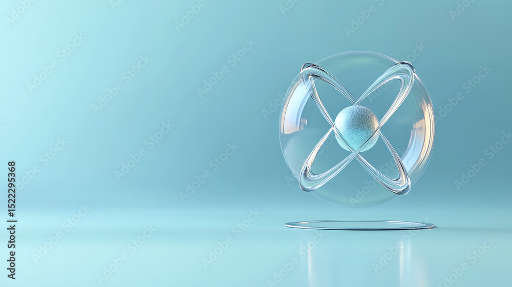 Poster Abstract representation of an atom with luminous spheres reflecting energy in a calm blue background.