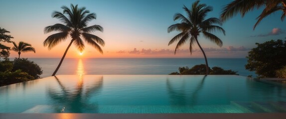 Obraz premium Tropical Sunset from Infinity Pool. Palm Trees, Ocean View, and Tranquil Setting