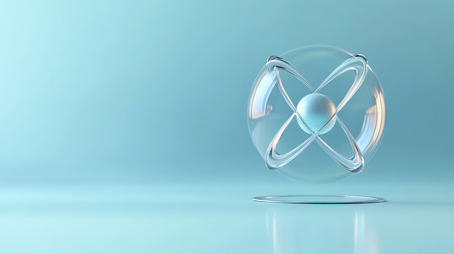 Abstract representation of an atom with luminous spheres reflecting energy in a calm blue background.